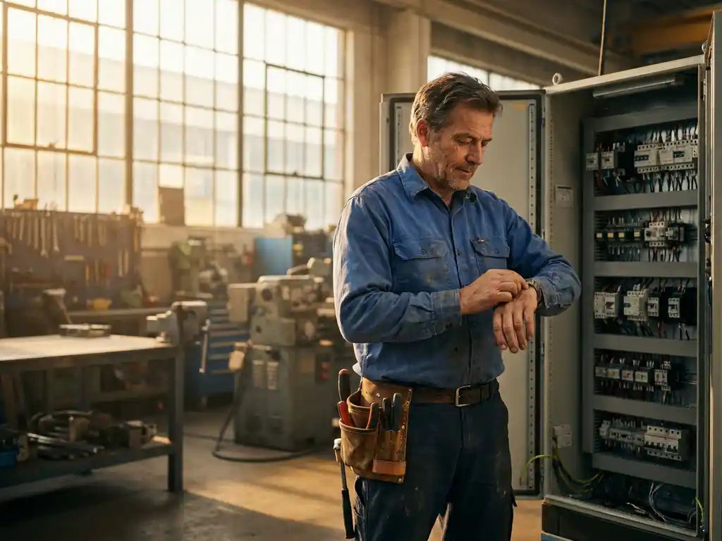 Professionele elektricien in werkkleding controleert zijn horloge naast open elektriciteitspaneel in industriële werkplaats