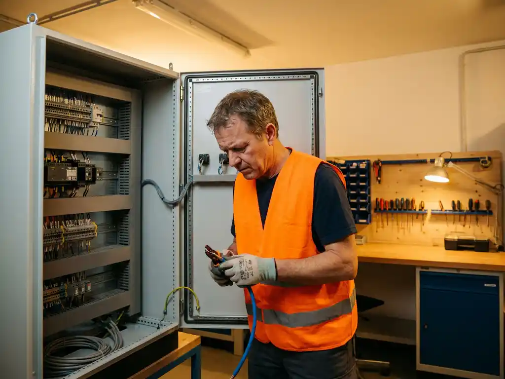 Elektricien in oranje veiligheidsvest installeert bedrading in industrieel schakelpaneel in goed verlichte werkplaats