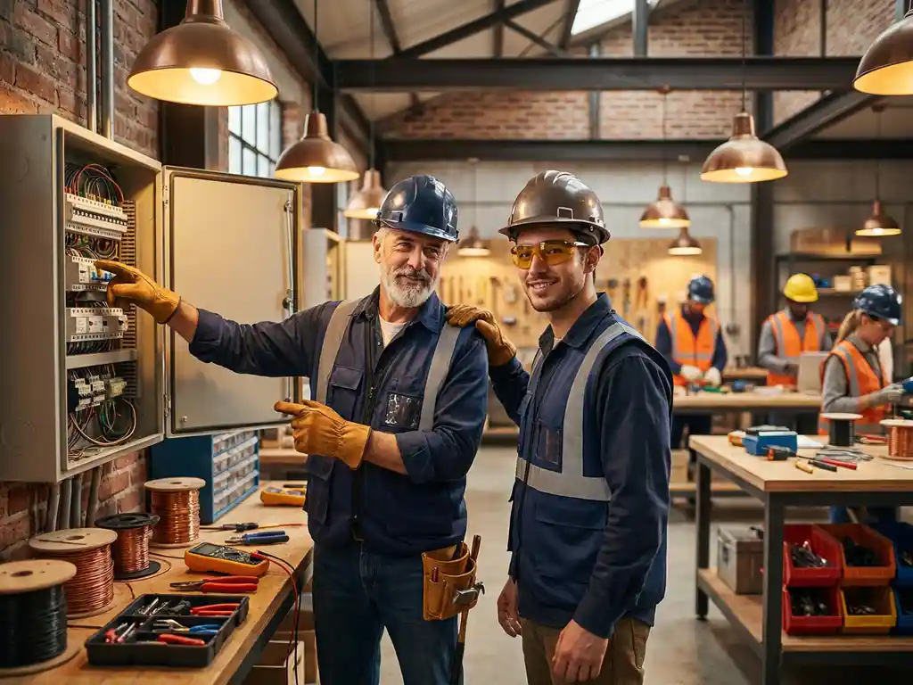 Ervaren elektricien legt bedrading uit aan leerling bij elektrisch paneel in moderne werkplaats met gereedschap