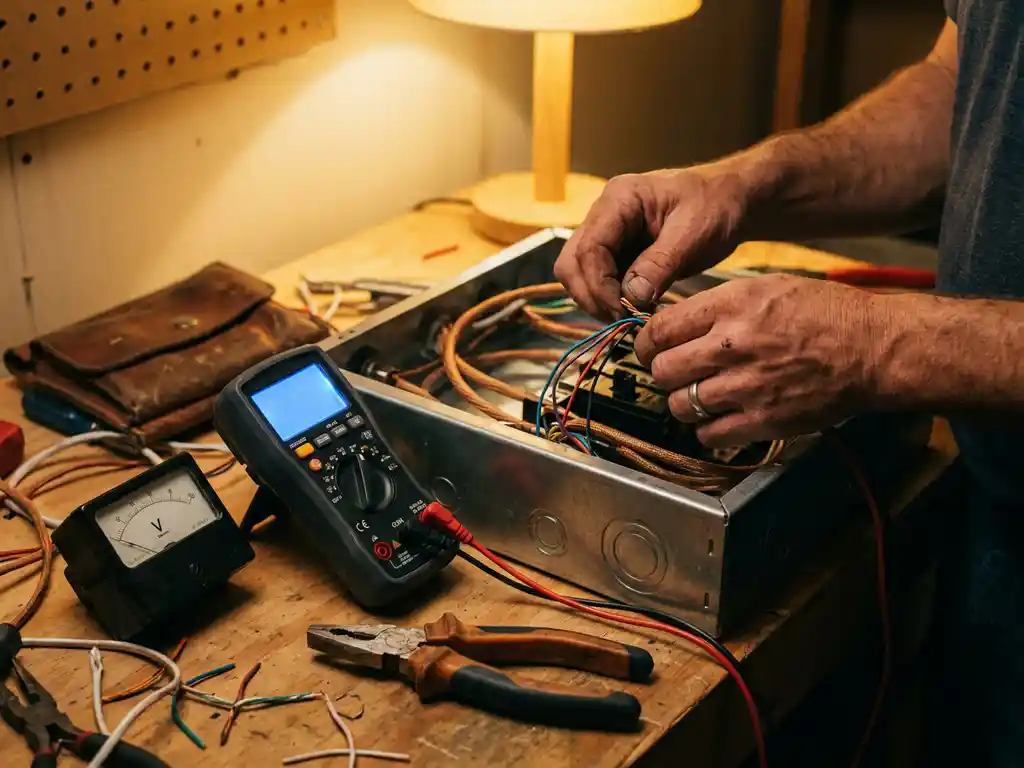 Elektricien verbindt slimme bekabeling met traditionele draden in moderne meterkast, digitale multimeter en klassieke gereedschap op werkbank
