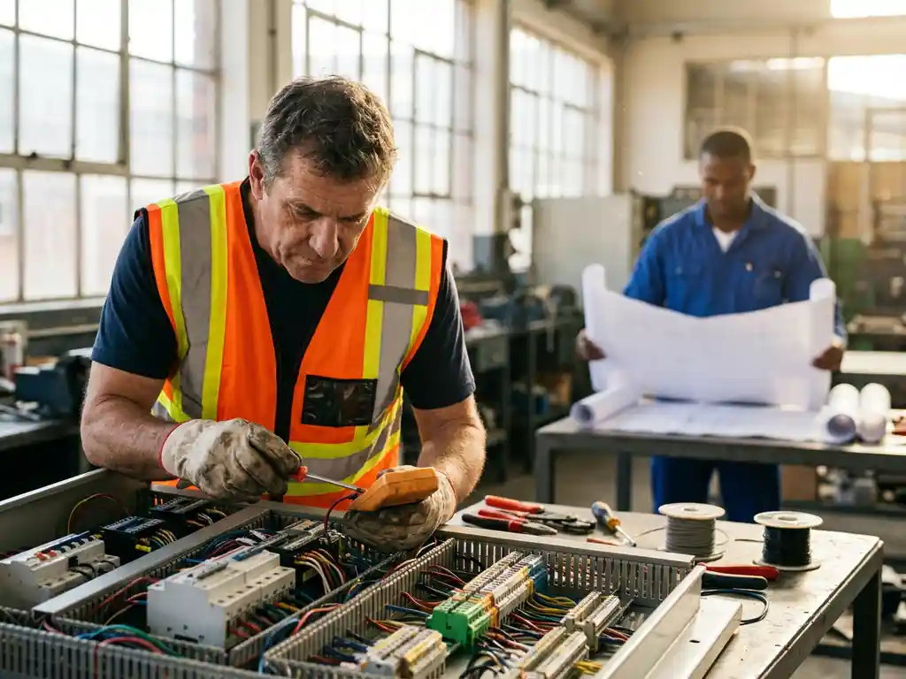 Elektricien in veiligheidsvest onderzoekt elektrisch paneel met circuits en kabels, collega bestudeert blauwdrukken op achtergrond
