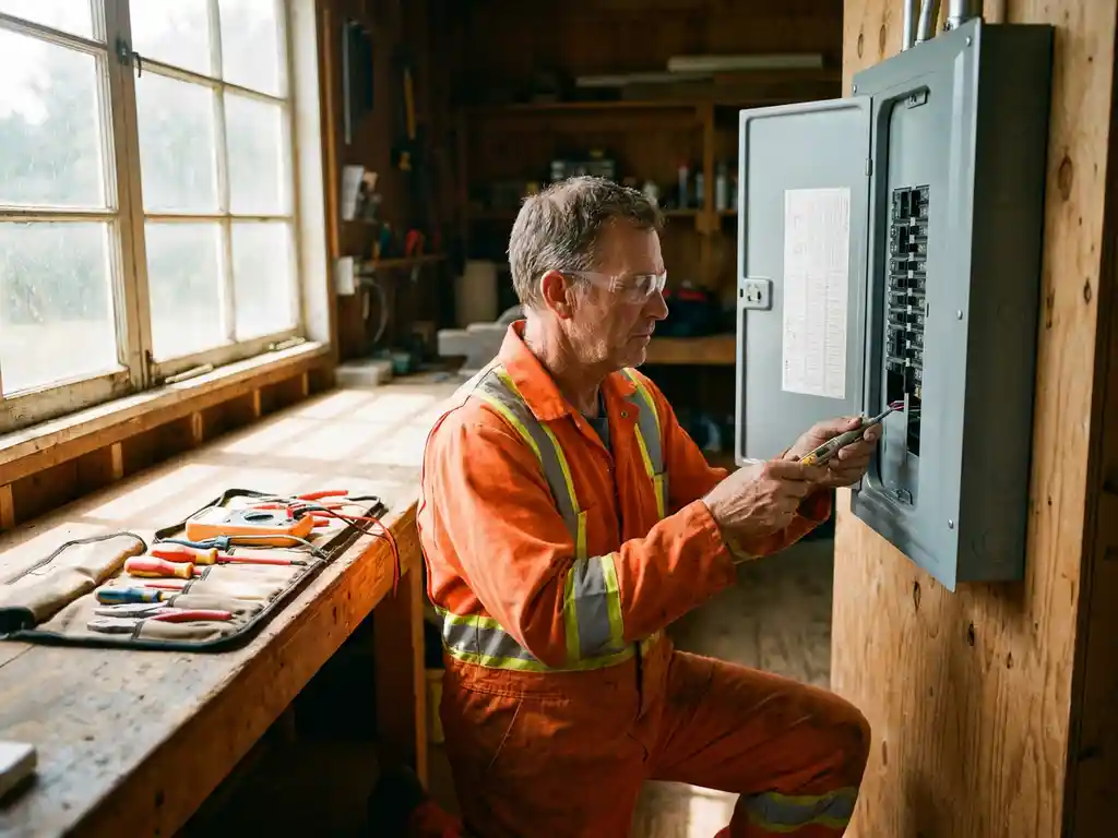 Elektricien in oranje werkkleding inspecteert bedrading in moderne meterkast, gereedschap op houten werkbank