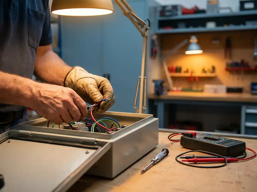 Elektromonteur verbindt kleurrijke draden in bedieningspaneel met precisie schroevendraaier en multimeter op werkbank