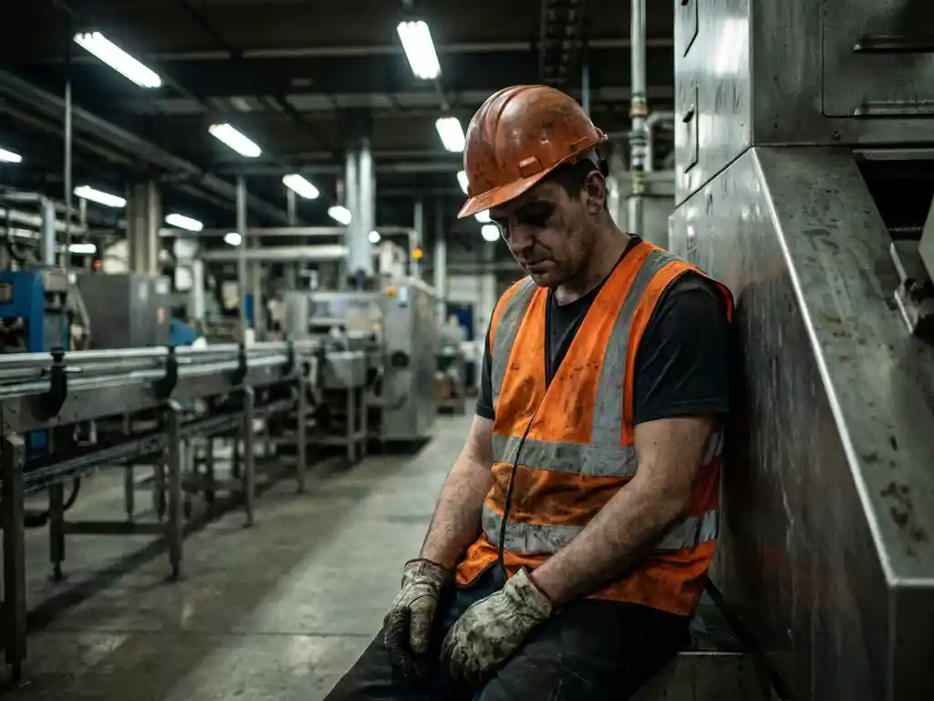 Uitgeputte fabrieksarbeider in veiligheidsuitrusting leunt tegen industriële machines, omringd door assemblagelijn apparatuur