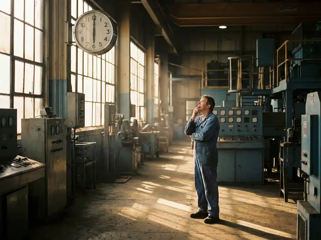 Fabrieksmedewerker in blauwe overall controleert grote wandklok om 6 uur 's ochtends in industriële werkruimte met ochtendlicht