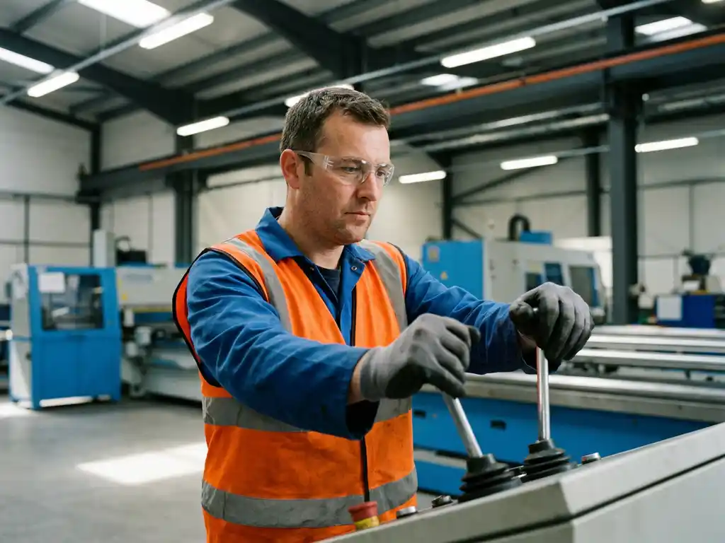 Fabrieksoperator in veiligheidsbril en hesje bedient industriële machines in moderne productiefaciliteit