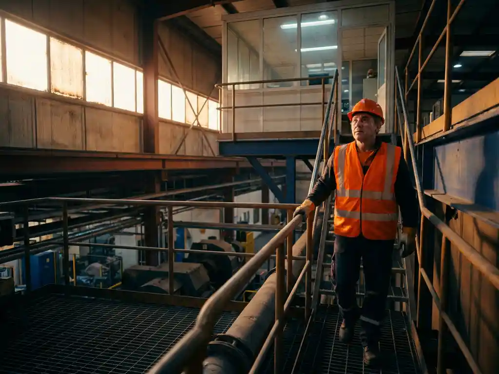 Fabrieksoperator in oranje veiligheidsvest klimt stalen trap naar verhoogd controleplatform, industriële machines zichtbaar onder metalen roosters
