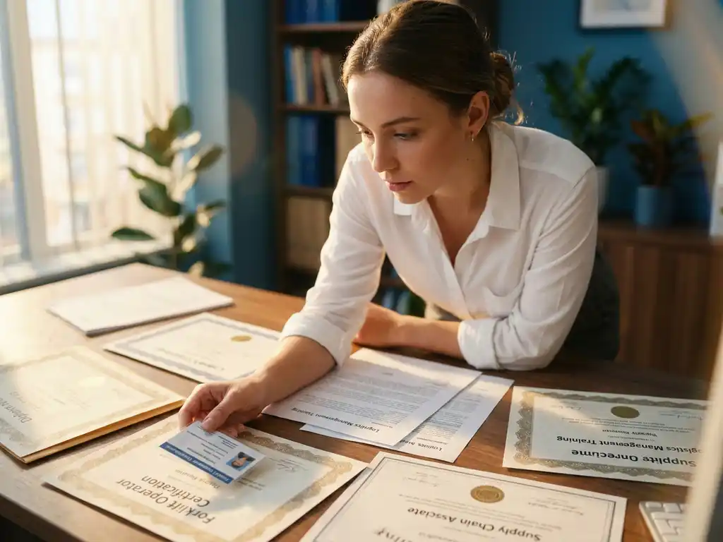 Jonge professionele vrouw bekijkt heftruck certificaat en logistieke opleidingsdocumenten op houten bureau bij raam