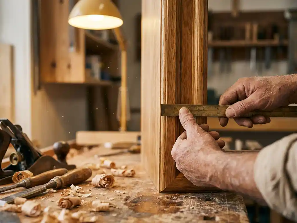 Timmerman meet met messing liniaal een houten kast op werkbank met schaafkrullen en gereedschap