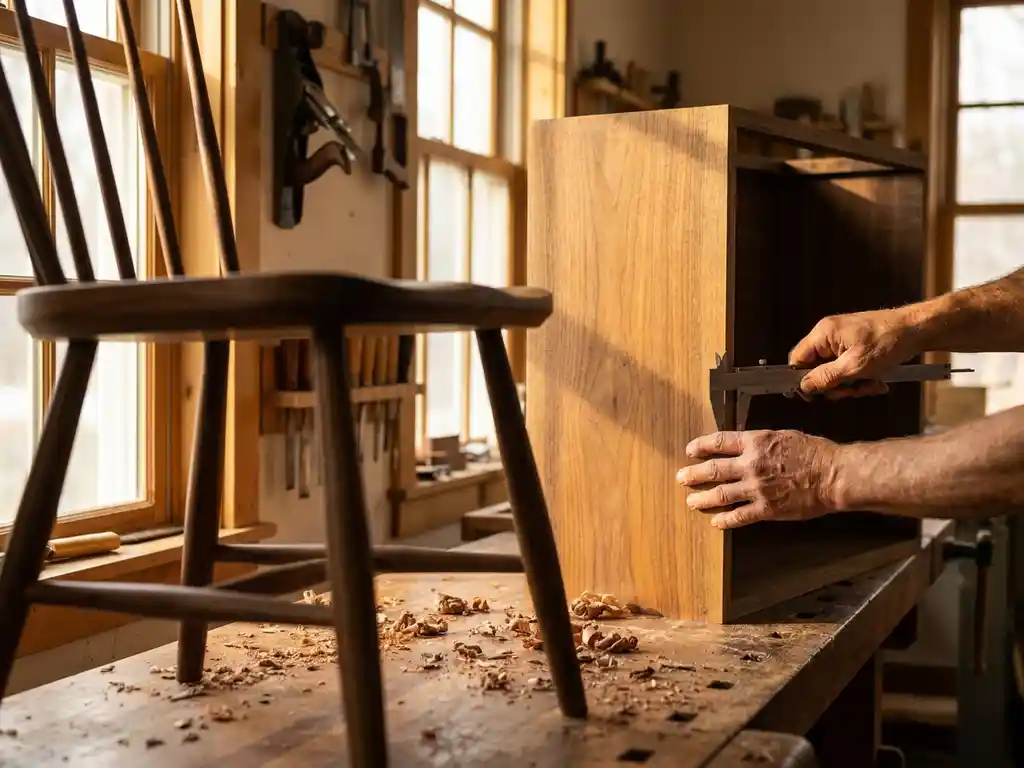 Timmermanshanden meten keukenkastraam met precisie-schuifmaat, handgemaakte houten stoel op voorgrond in warme werkplaats