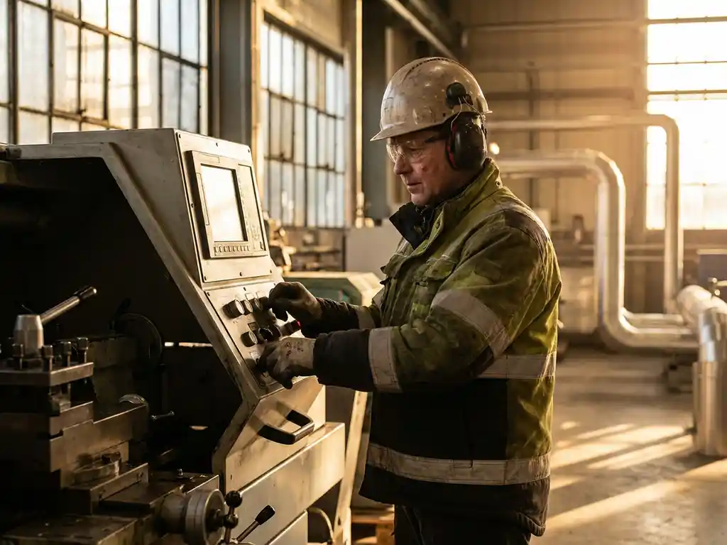 Industriële arbeider in veiligheidsuitrusting bedient grote productiemachine op moderne fabrieksvloer met gouden licht