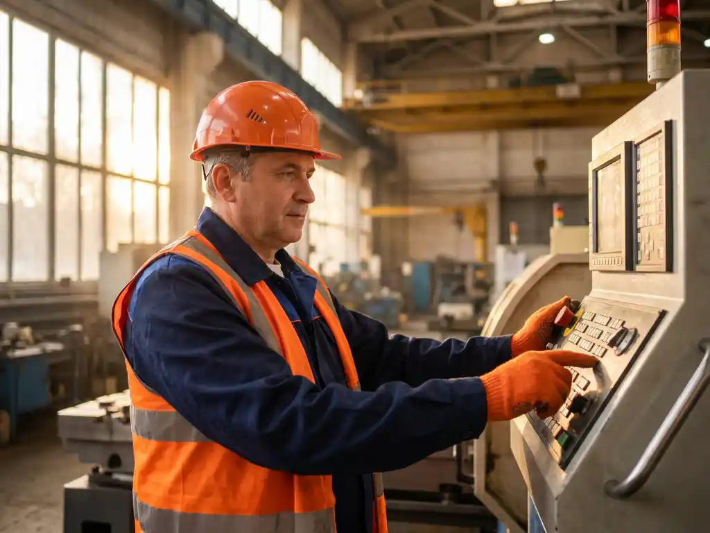 Industriële arbeider in veiligheidsuitrusting bedient fabricagemachine met gouden licht door ramen van moderne fabriek