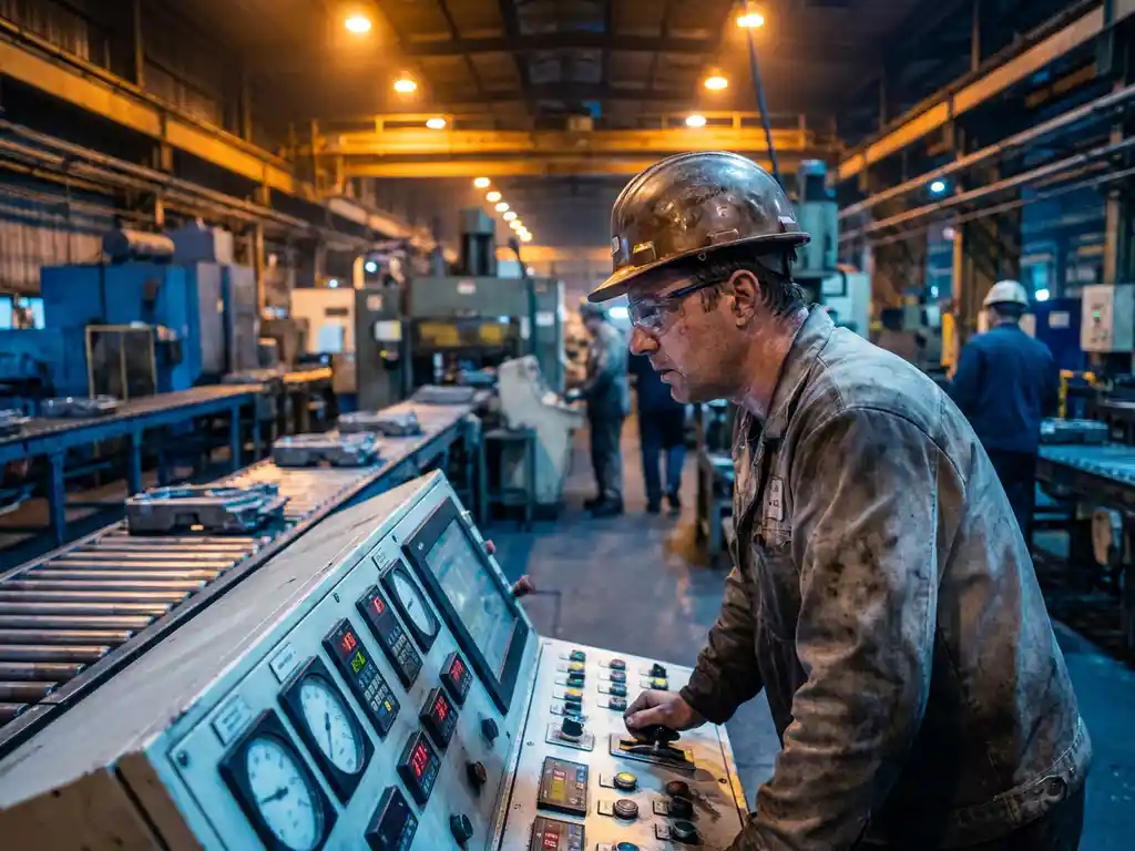 Geconcentreerde machineoperator bewaakt controlepanelen en meters in industriële productiefaciliteit met transportbanden