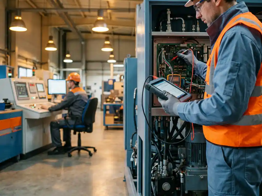 Technicus in veiligheidsuitrusting onderzoekt industriële machines met diagnostische gereedschappen in moderne productiefaciliteit
