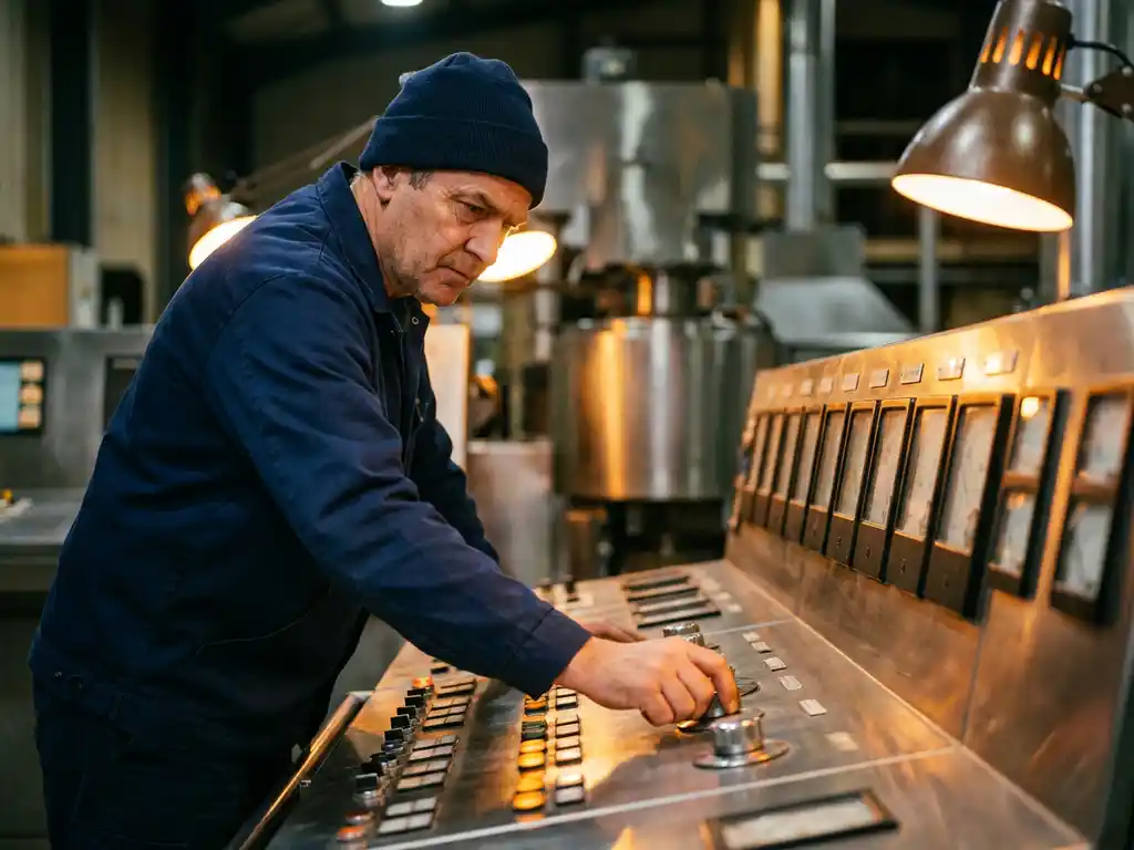 Industriële operator in marineblauw uniform bedient controlepaneel met analoge meters in moderne fabriek