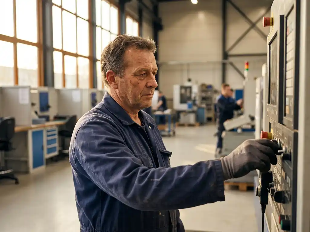 Industriële operator in marineblauwe overall past precisiemachines aan in moderne Nederlandse productiefaciliteit