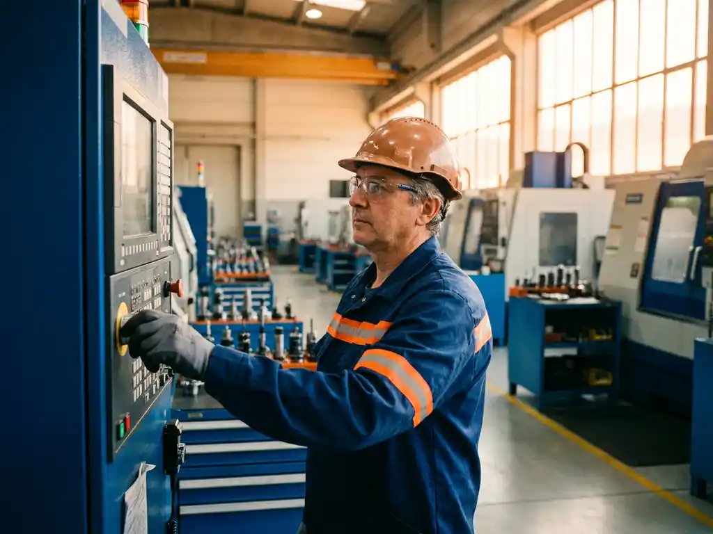 Industriële operator in veiligheidsbril past precisieapparatuur aan in moderne fabriek met gouden lichtinval