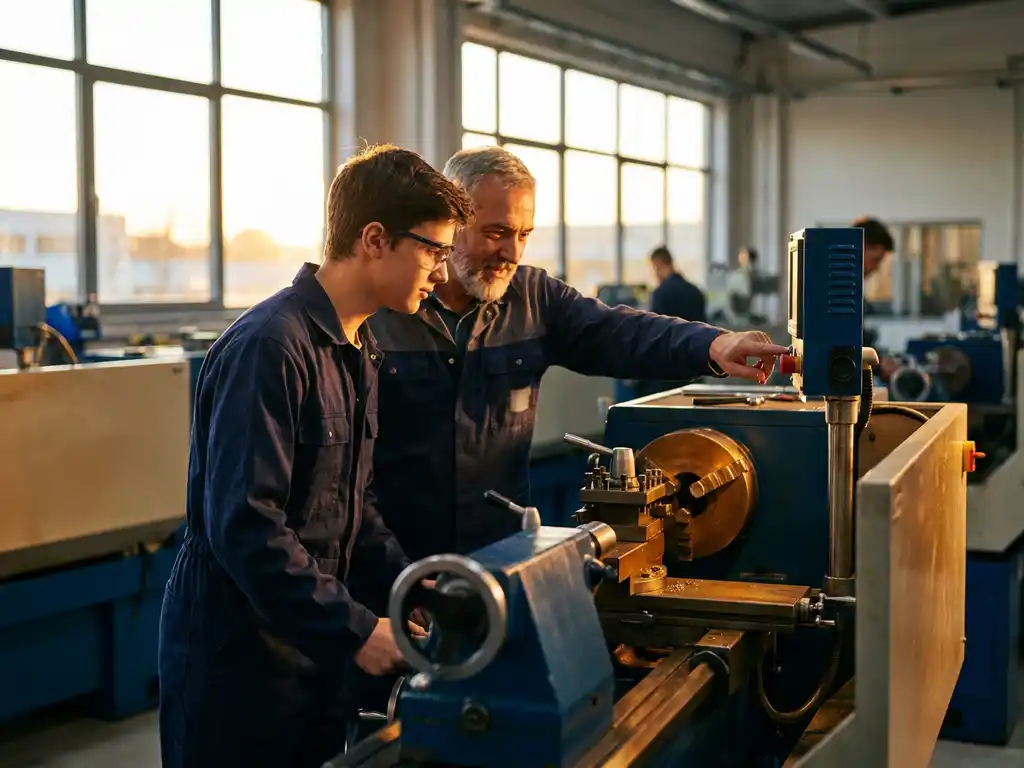 Jonge werknemer bedient industriële machine onder begeleiding van supervisor in moderne fabriek met gouden licht