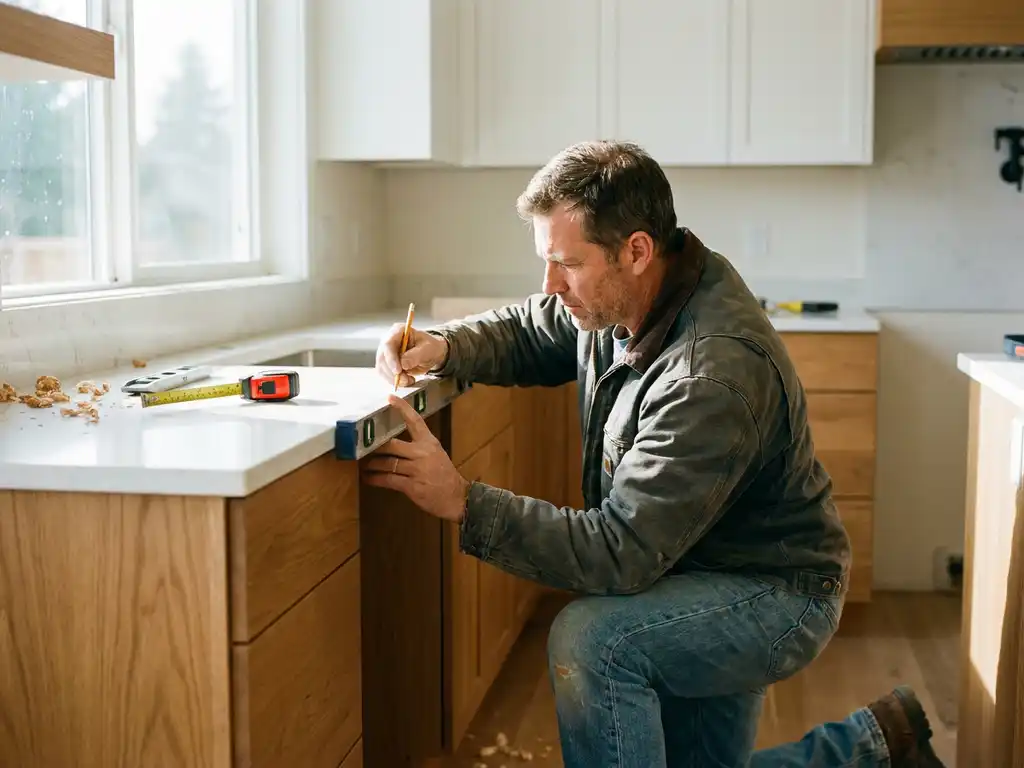 Timmerman installeert op maat gemaakte keukenkasten in moderne woning, meetlint en waterpas zichtbaar op aanrecht
