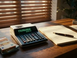Professionele rekenmachine met kostencijfers naast stapels eurobiljetten en arbeidscontract met vulpen op houten bureau