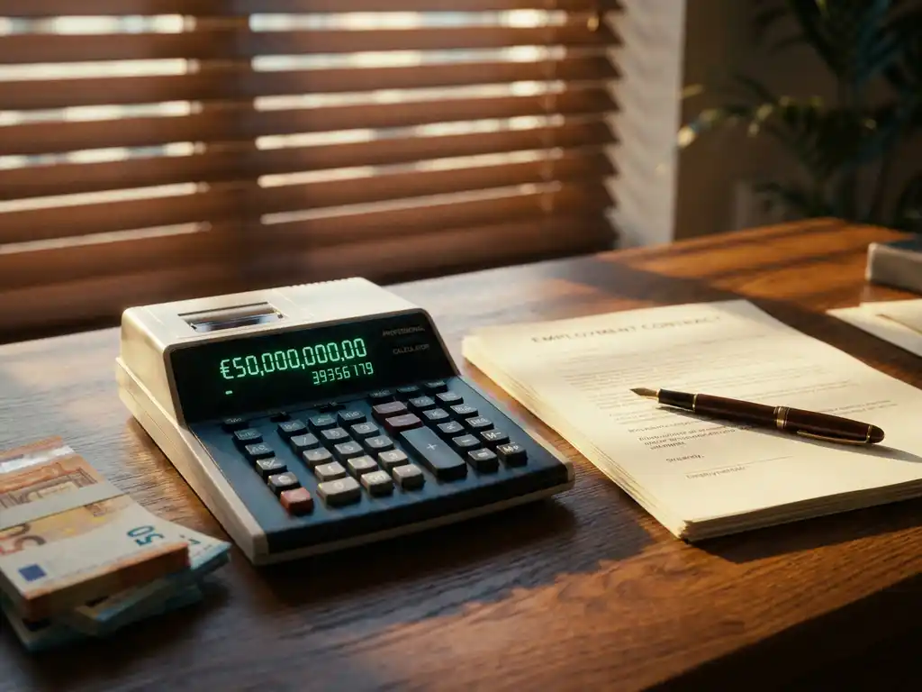 Professionele rekenmachine met kostencijfers naast stapels eurobiljetten en arbeidscontract met vulpen op houten bureau