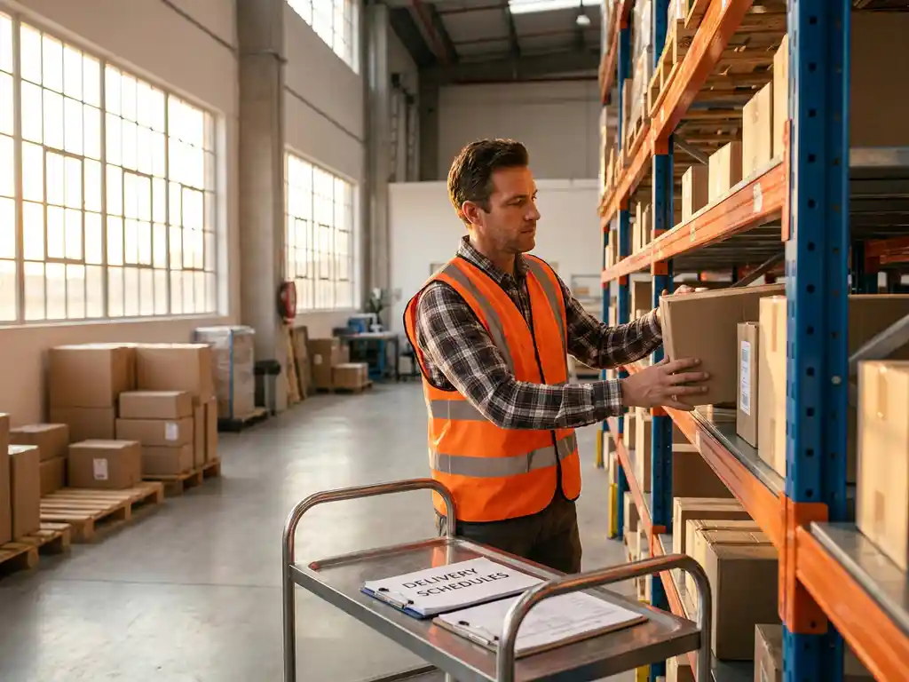 Logistiek medewerker in oranje veiligheidsvest organiseert pakketten op metalen magazijnplanken in moderne distributiecentrum