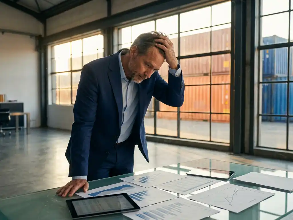 Logistiek manager in marineblauw pak bestudeert salarisgrafieken aan glazen bureau in modern magazijnkantoor met containers