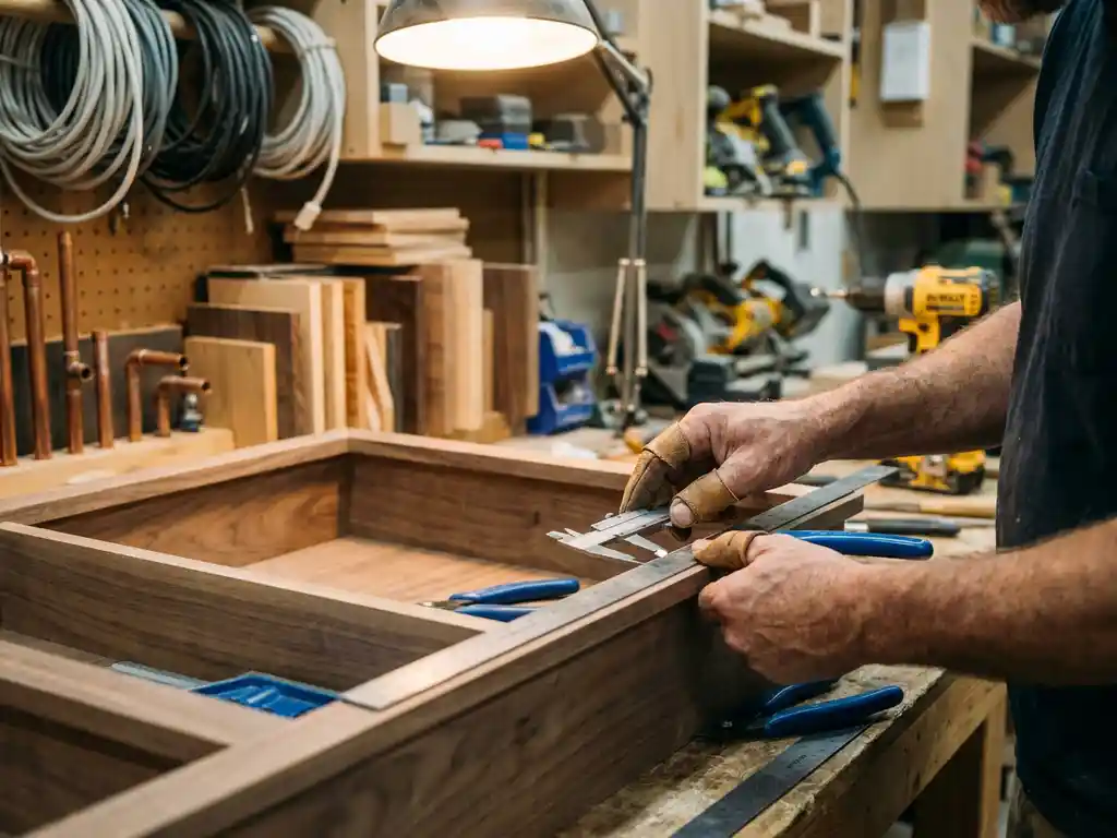 Vakman meet handgemaakte houten kasten met precisie-instrumenten in workshop met elektrische leidingen en loodgieterswerk