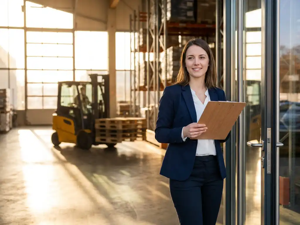 Jonge professional met klembord observeert vorkheftruckoperaties in moderne magazijnfaciliteit met natuurlijk licht