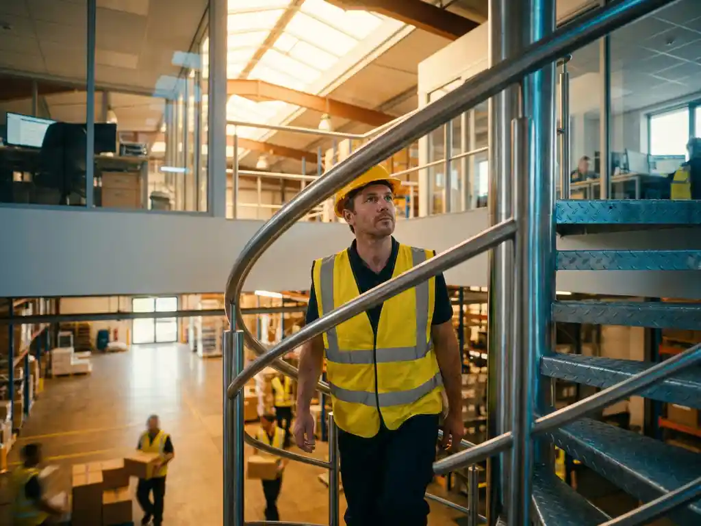 Magazijnmedewerker in veiligheidsvest klimt spiraalvormige metalen trap door meerdere verdiepingen van modern distributiecentrum met natuurlijk licht