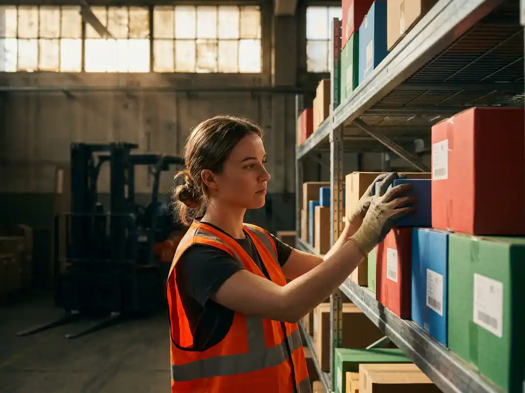 Jonge professional in oranje veiligheidsvest organiseert kleurrijke verzendboxen op metalen magazijnrekken