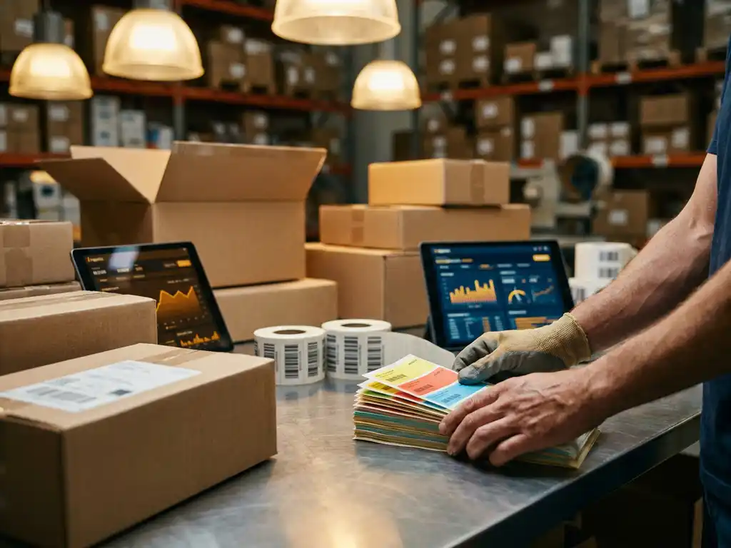 Magazijnmedewerker organiseert kleurrijke verzendlabels en streepjescodes op stalen sorteertafel tussen kartonnen dozen