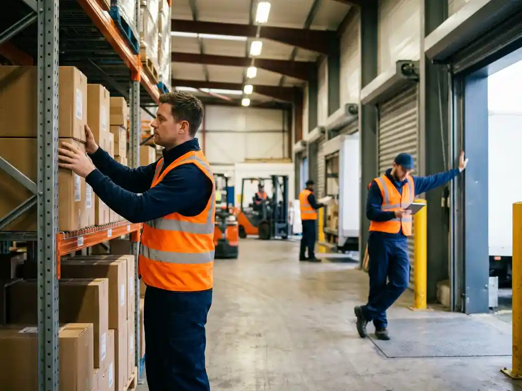 Magazijnmedewerker in reflecterend vest organiseert pakketten op industriële stellingen terwijl vrachtwagenchauffeur tablet controleert bij open laadruimte