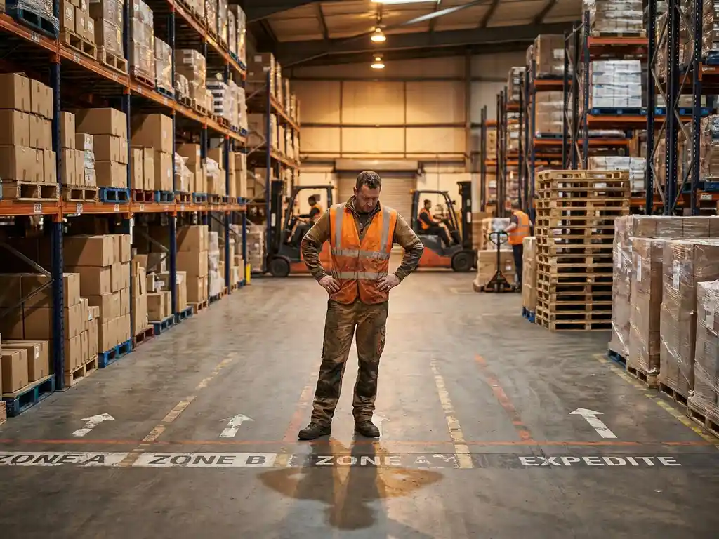 Magazijnmedewerker in veiligheidsvest staat tussen hoge stellingen met kartonnen dozen en bekijkt verzendroutes op betonnen vloer