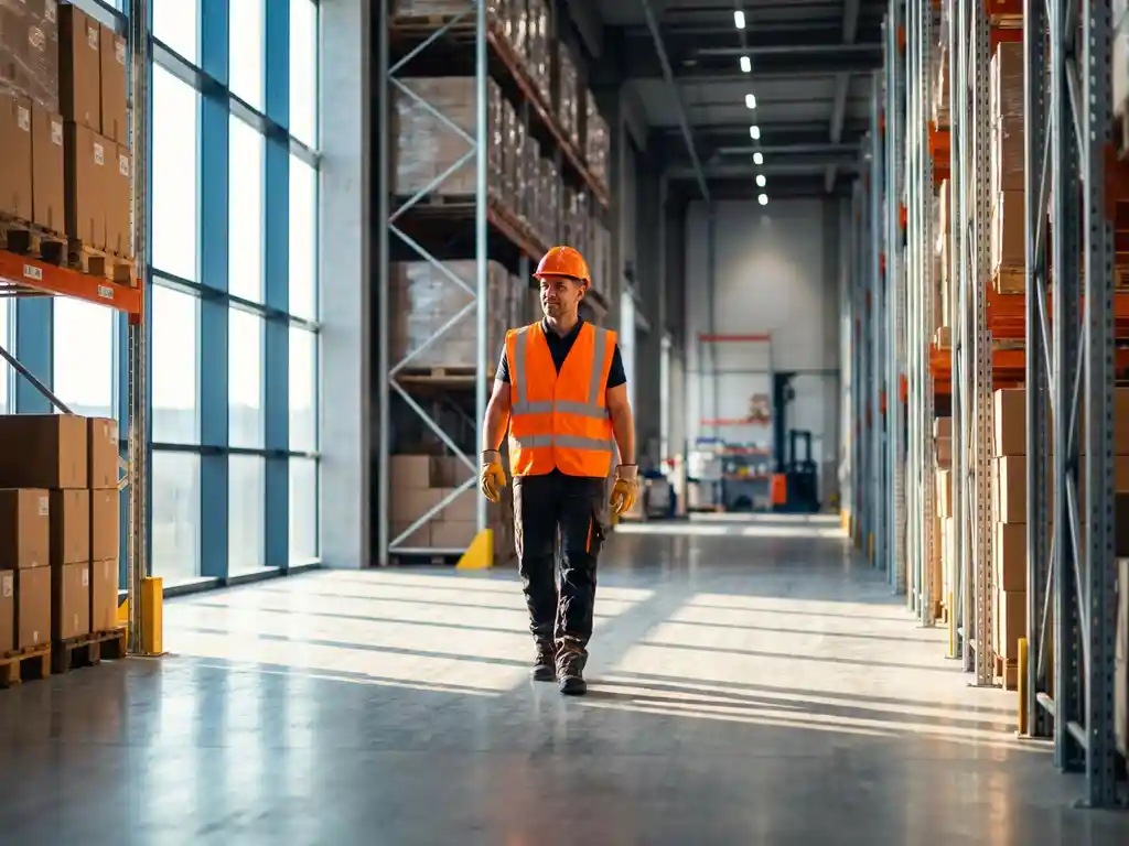 Magazijnmedewerker in reflecterend vest loopt door modern distributiecentrum met hoge stellingen vol pakketten
