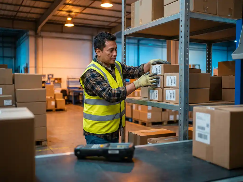 Magazijnmedewerker in reflectievest organiseert pakketten op metalen stellingen tussen kartonnen dozen en transportband