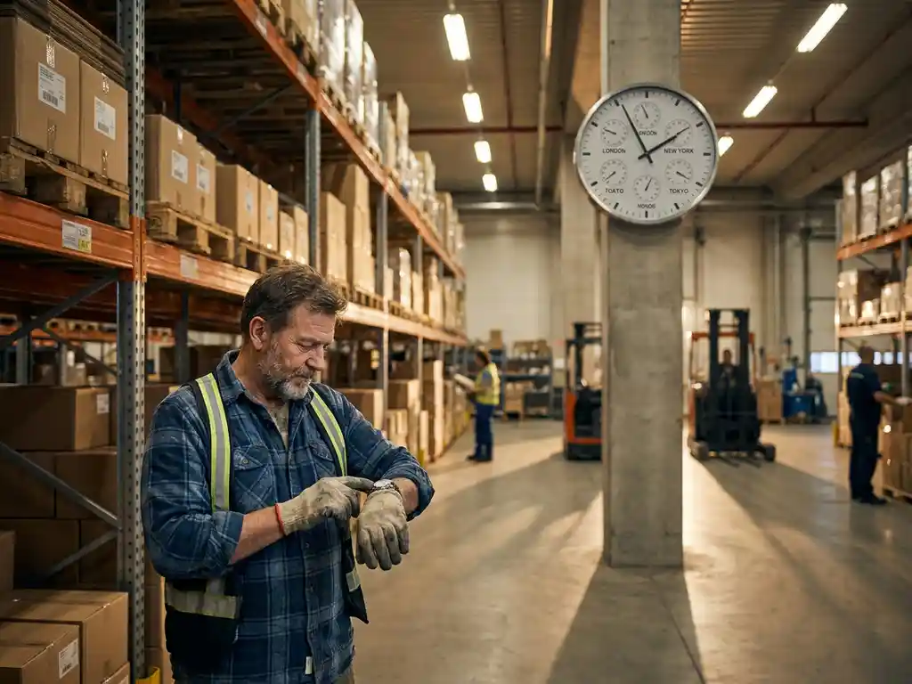 Magazijnmedewerker controleert zijn polshorloge naast hoge stellingen vol kartonnen dozen in logistiek centrum
