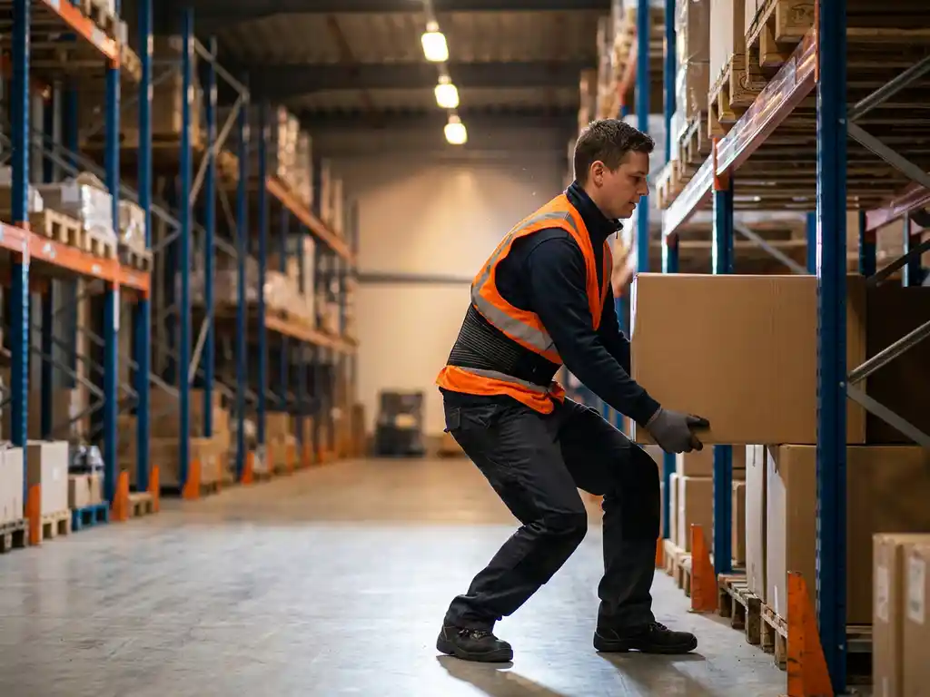 Magazijnmedewerker in oranje veiligheidsvest tilt kartonnen doos op met juiste houding, gebogen knieën en rechte rug in modern distributiecentrum