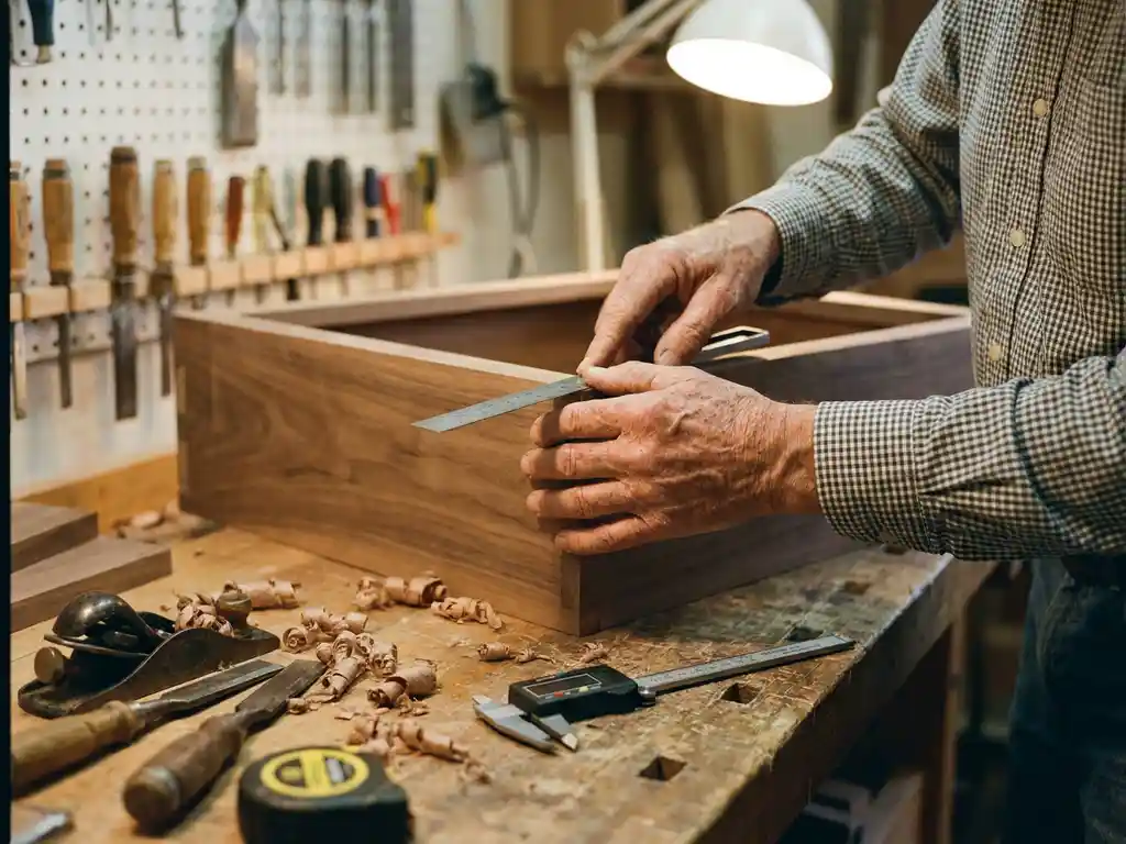 Verweerde handen van een ambachtsman meten een houten kastframe met een metalen liniaal op een werkbank vol houtkrullen