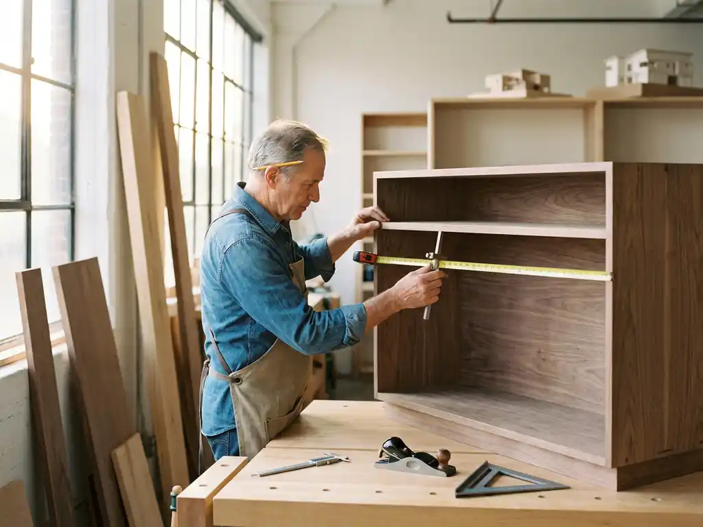Ambachtsman meet en markeert houten kasten in moderne werkplaats met natuurlijk licht en precisie gereedschap