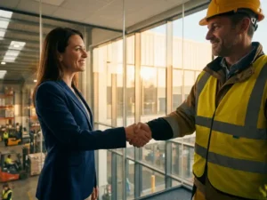 Professionele vrouw in marineblauw jasje schudt handen met bouwvakker in veiligheidskleding in modern kantoor