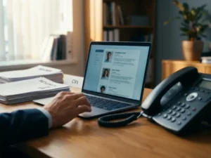 Recruiter bureau met laptop open op kandidaatprofielen, stapels cv's, zwarte telefoon op houten desk bij raam