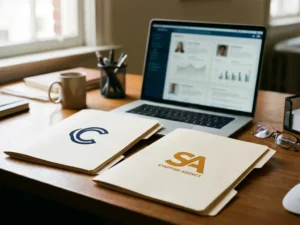 Professionele recruiter bureau met twee sollicitatiemappen, laptop met kandidaatprofielen en warm natuurlijk licht door ramen