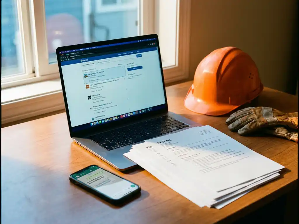 Recruiter bureau met laptop vol vacatures, cv's, smartphone met WhatsApp berichten en veiligheidshelm voor operator functies