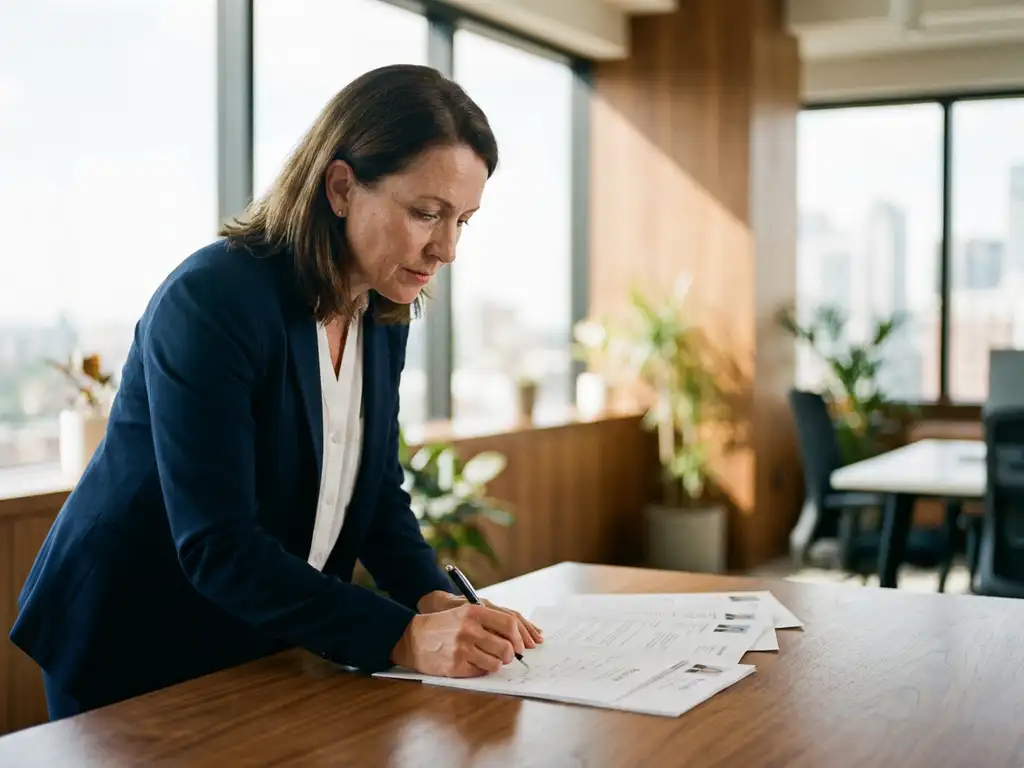 Professionele recruiter in marineblauw jasje bekijkt cv's op houten bureau en maakt aantekeningen met pen