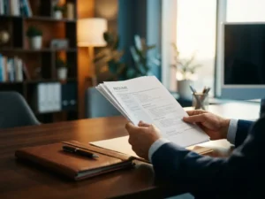 Professionele recruiter beoordeelt kandidaat cv op houten bureau met natuurlijk licht door kantoorvensters