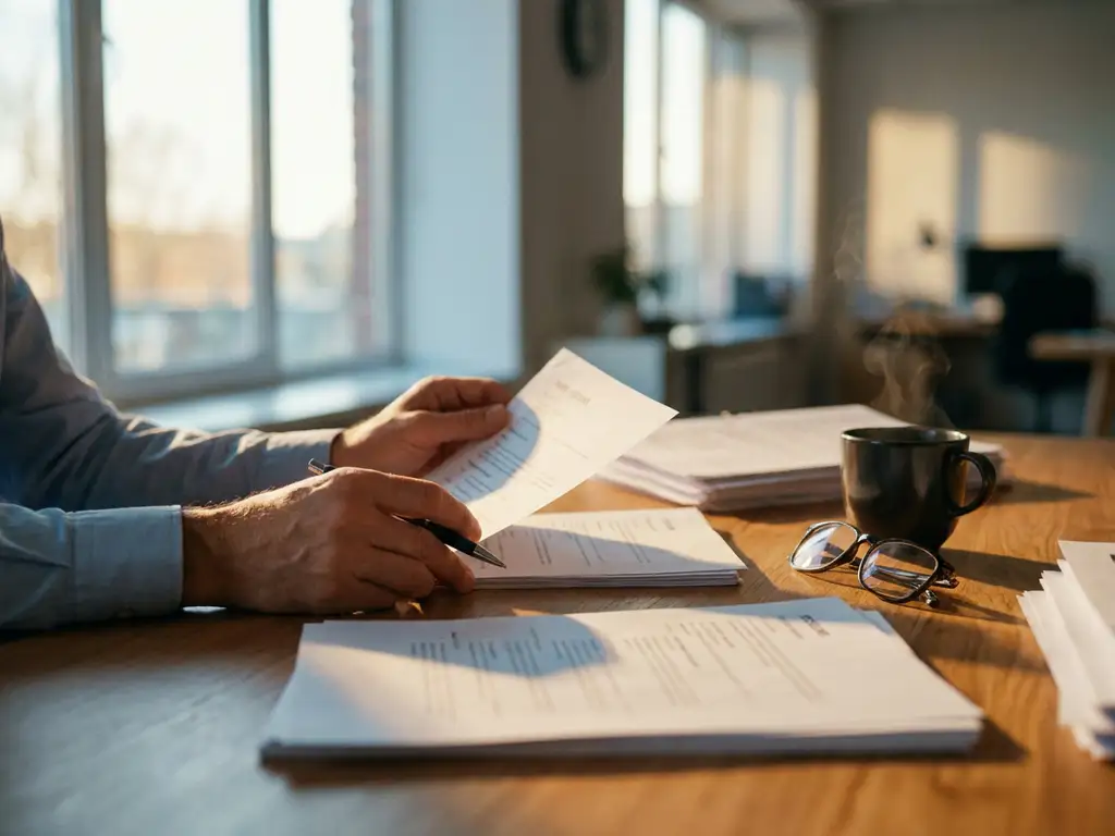 Recruiter beoordeelt cv's op houten bureau met koffiekop en leesbril, warme middagzon door ramen