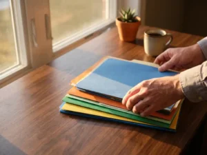 Recruiter ordent kleurrijke cv-mappen op houten bureau met zonlicht door raam, succulent en koffiekopje zichtbaar