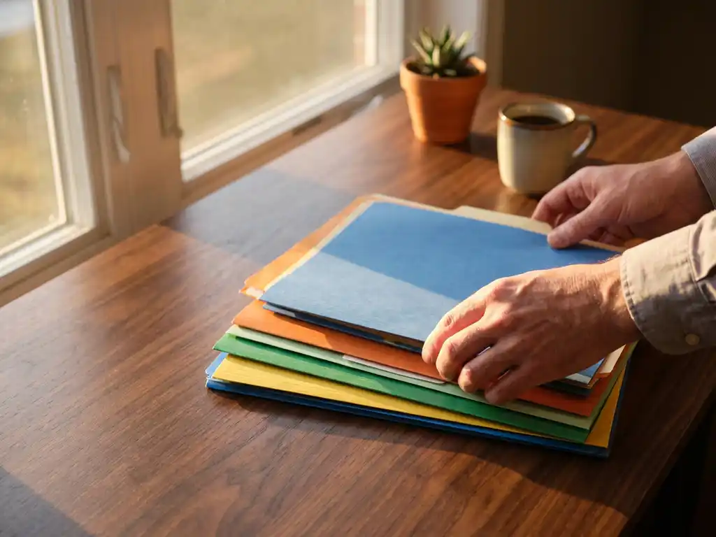 Recruiter ordent kleurrijke cv-mappen op houten bureau met zonlicht door raam, succulent en koffiekopje zichtbaar