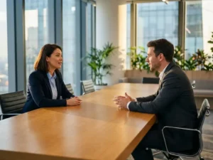 Professionele recruiter in marineblauw jasje voert sollicitatiegesprek met kandidaat aan houten vergadertafel in modern kantoor